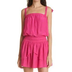 NWT Ramy Brook Kira Paradise Pink Smocked Waist Tie Shoulder Mini Dress S